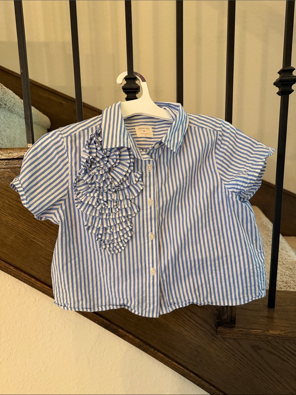 Crewcuts Blue and White Striped Ruffle Button-Down Shirt